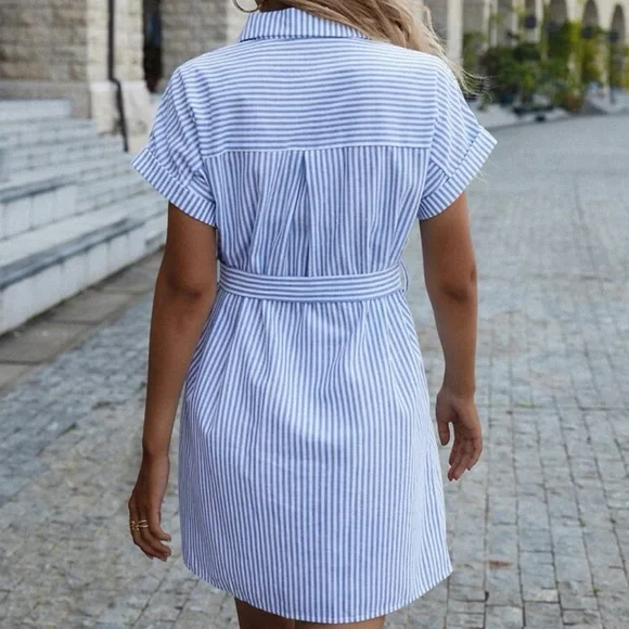 Short sleeve button up shirt dress belted stripes blue white boho preppy - Picture 3 of 3